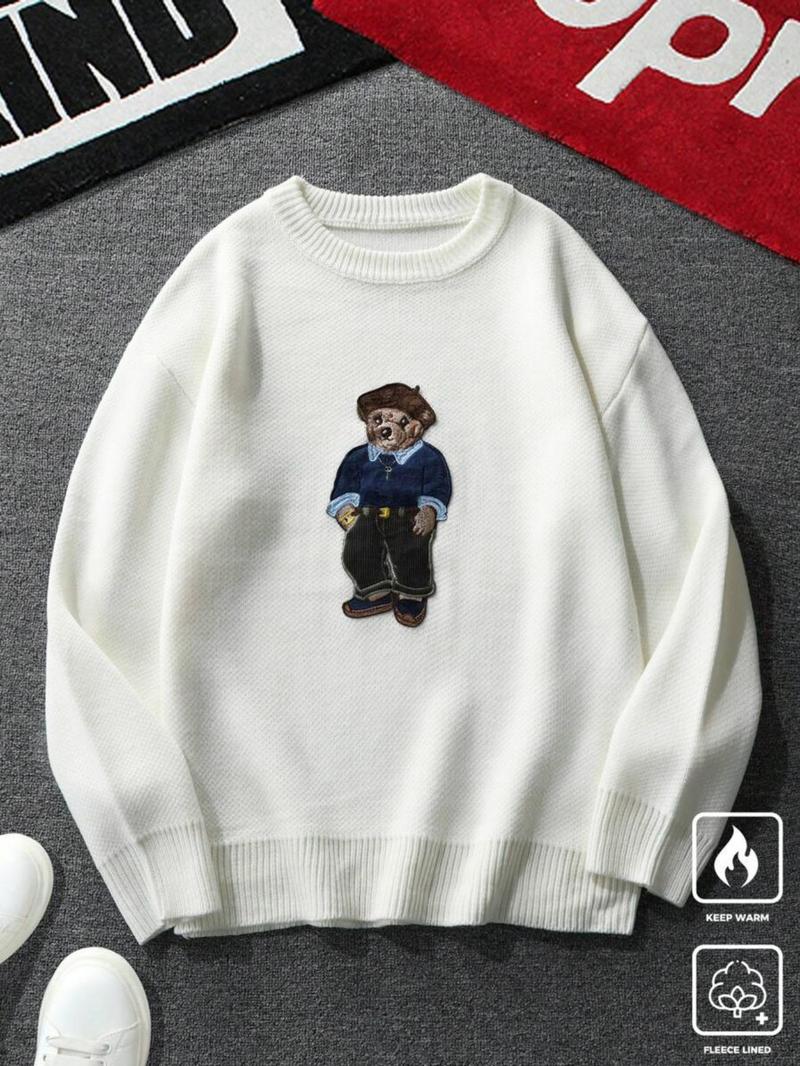 Cartoon Bear Detail Crew Neck Sweater, Casual Loose Long Sleeve Jumper for Fall & Winter, Fashion Ladies' Knitwear for Daily Wear