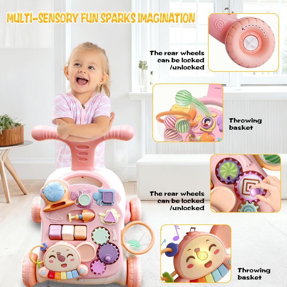 Baby Sit-to-Stand Learning Walker 3 in 1 for Girls Boys Educational Push Walkers with Activity Table Music Toy Gift Pink