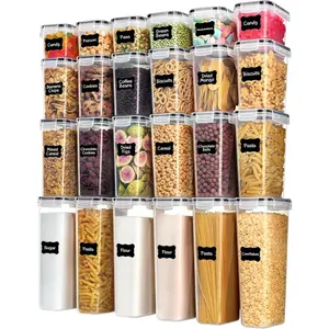 Sealed food storage containers with lids, 24-piece plastic kitchen and pantry storage jars, suitable for grains, dry foods, flour, and sugar, BPA-free, comes with 24 labels, black