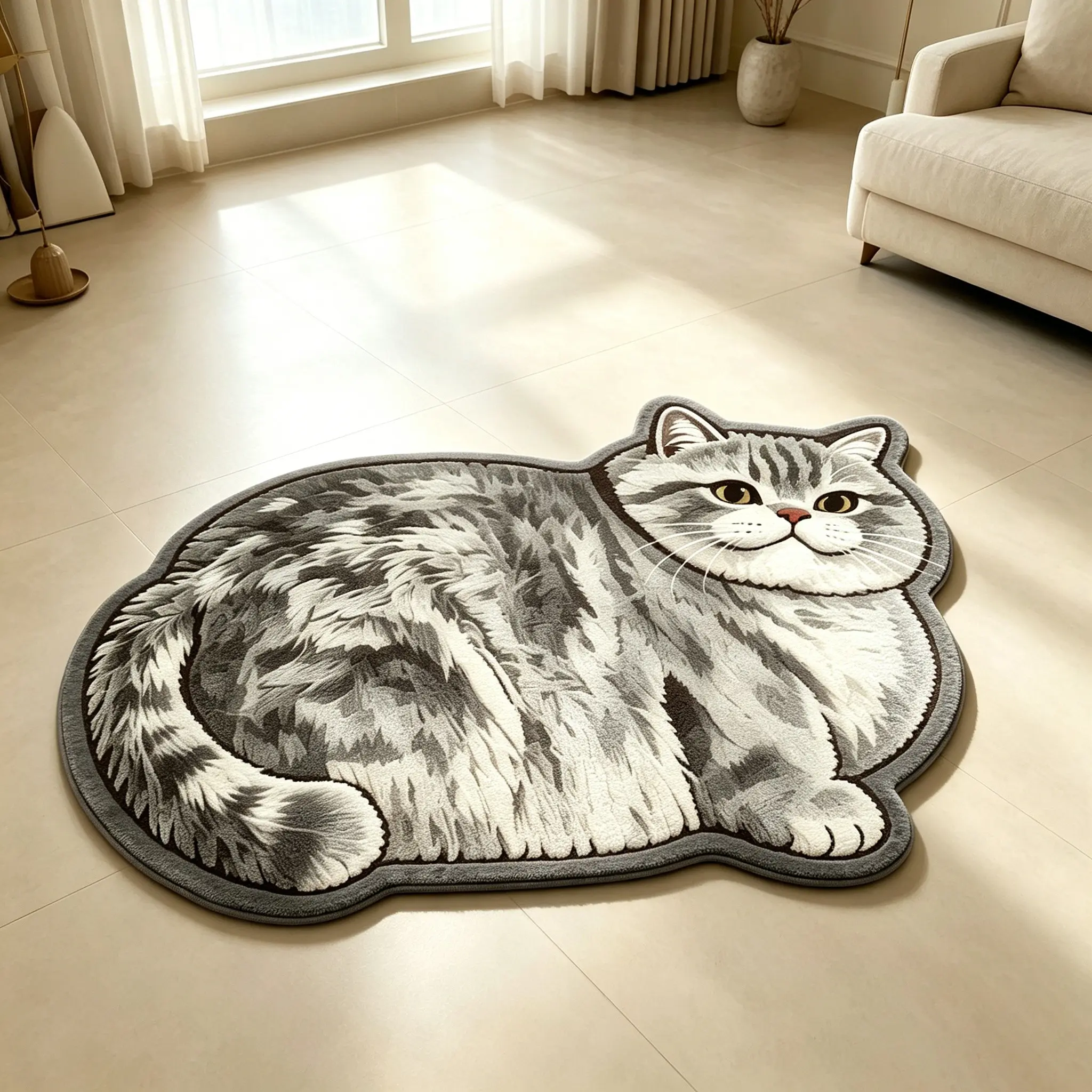 American Shorthair Silver Tiger Stripe Cat Shape Rug, Comfortable Hand Wash Only, Ideal for Living Room, Bedroom, Kitchen, Bathroom