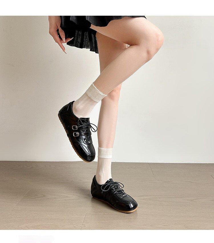 2026 Spring Collection: Patchwork Small Round-Toe Lace-Up Leather Shoes, Casual Ballet-Style Double Buckle Height-Increasing German Training Shoes