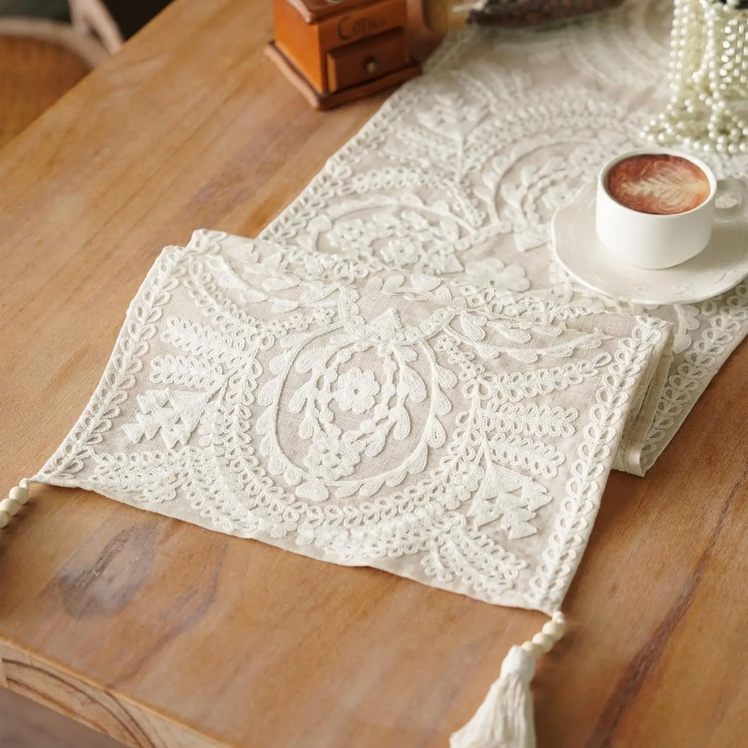 Embroidered Table Runner Boho  Dresser Scarf Macrame Rustic Lace Doily with Tassel for Kitchen Indoor Outdoor Fireplace (Beige, 14 x 56 Inches)
