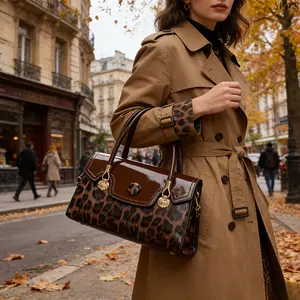 2026 New Leopard Print Top Handle Bag, stylish two-tone crossbody shoulder purse with gold hardware and shell charms, glossy structured handbag for women, perfect for daily commutes, shopping trips, brunch dates and casual outings