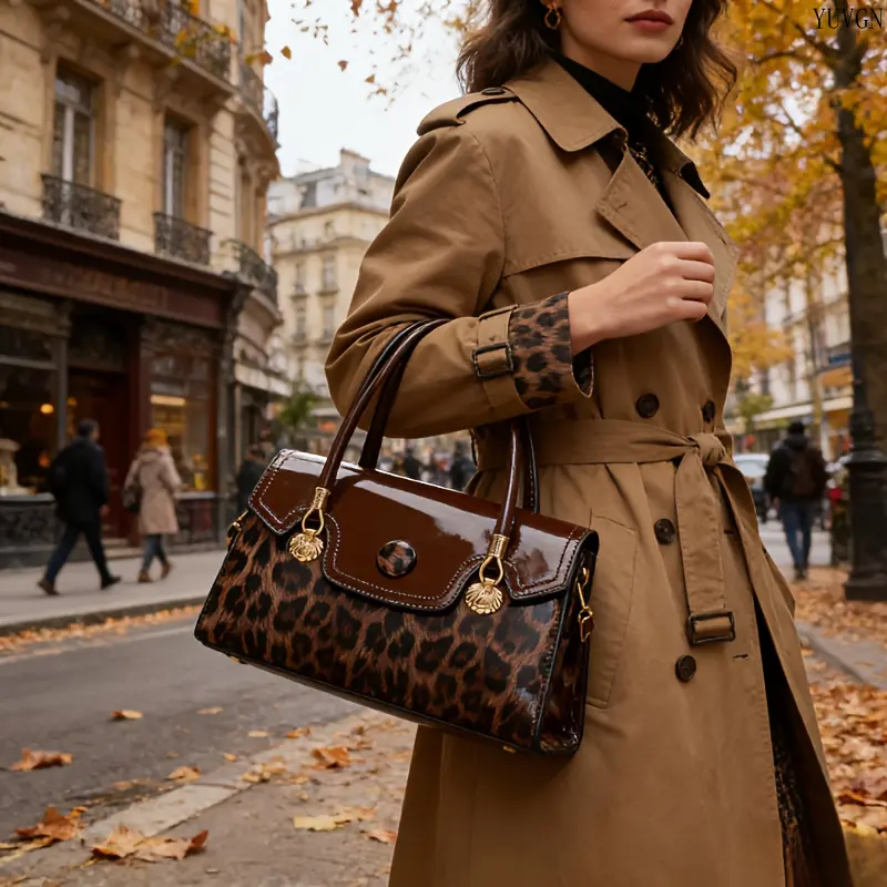 2026 New Leopard Print Top Handle Bag, stylish two-tone crossbody shoulder purse with gold hardware and shell charms, glossy structured handbag for women, perfect for daily commutes, shopping trips, brunch dates and casual outings