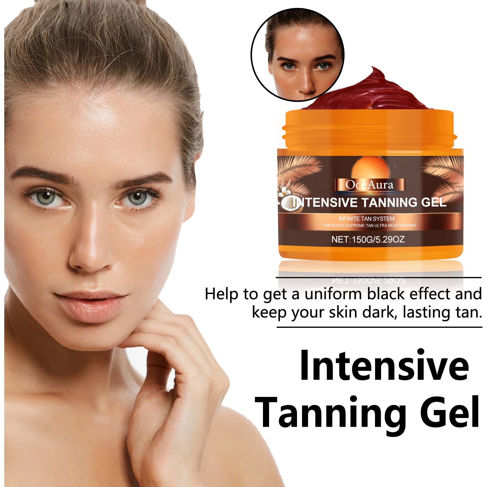 OCEAURA Intensive Tanning Gel with Vitamin E & Calendula, Circular Motion Even Bronze, Long-Lasting Moisture Lock, Reduces Sunburn, Deep Natural Tan for All Skin Hydrating self dark lotion tanglow bronzing agent balm Non Greasy Tanning Gel