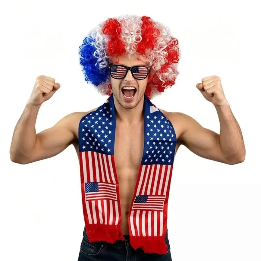3Pcs/Set2026 Global Football Event Fan , Party Supplies Set, Football Fan Gear, Afro Wig, Scarf and Party Glasses, National Style Fan Accessories for USA, Argentina, Match Viewing Decor, Gift for Football Fans, Gift Idea, Cheer Prop