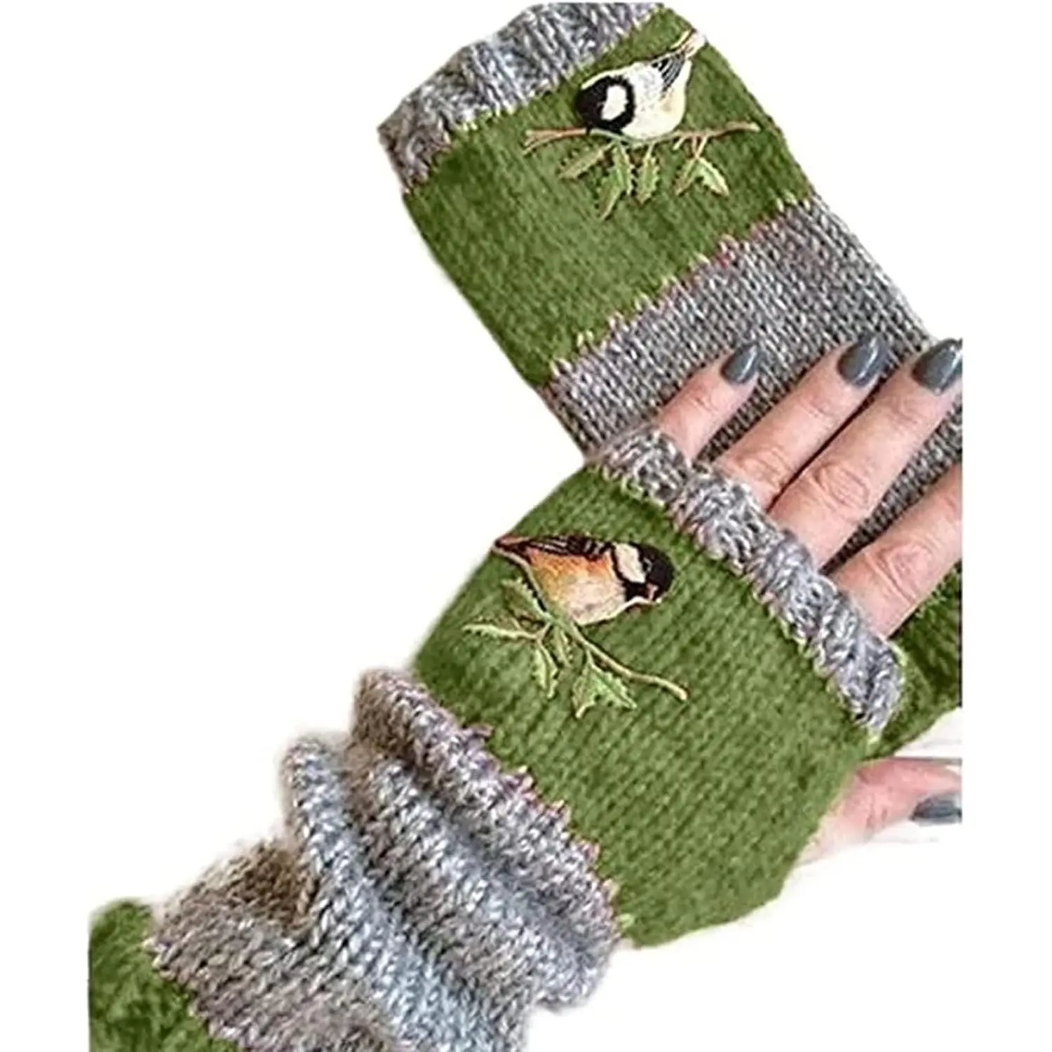 Warm Vintage Knitted Patchwork Embroidered Fingerless Gloves with Bird Embroidery(Gift)