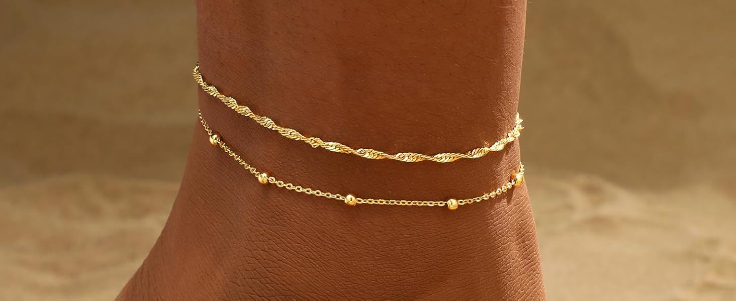 2PCS Gold Anklets for Women Waterproof Cuban Link Anklet Beaded Bracelets Stackable Bracelets 14K Gold Plated Custom Jewelry Gifts Non Tarnish Lightweight