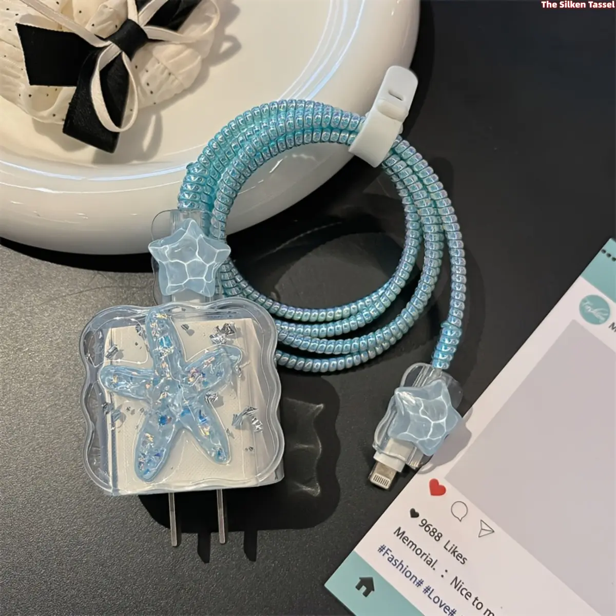DIY Bag Accessory Charger Protector Set - Ocean Blue Star Pattern Soft TPU Cover with Starfish Charm, Durable and Protective for 20W Fast Charging Block, Adds Decorative Element for iPhone 13-16, iPad, Mobile Cable & Devices