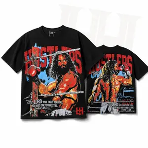 Hustlers Exodus 14:14 T-Shirt, Vintage Boxing Graphic Printed Heavy Cotton Loose Tee for Men Women, Unisex Christian Faith Casual Hip Hop Top, Trendy Washed Black White Clothes 2 Colors