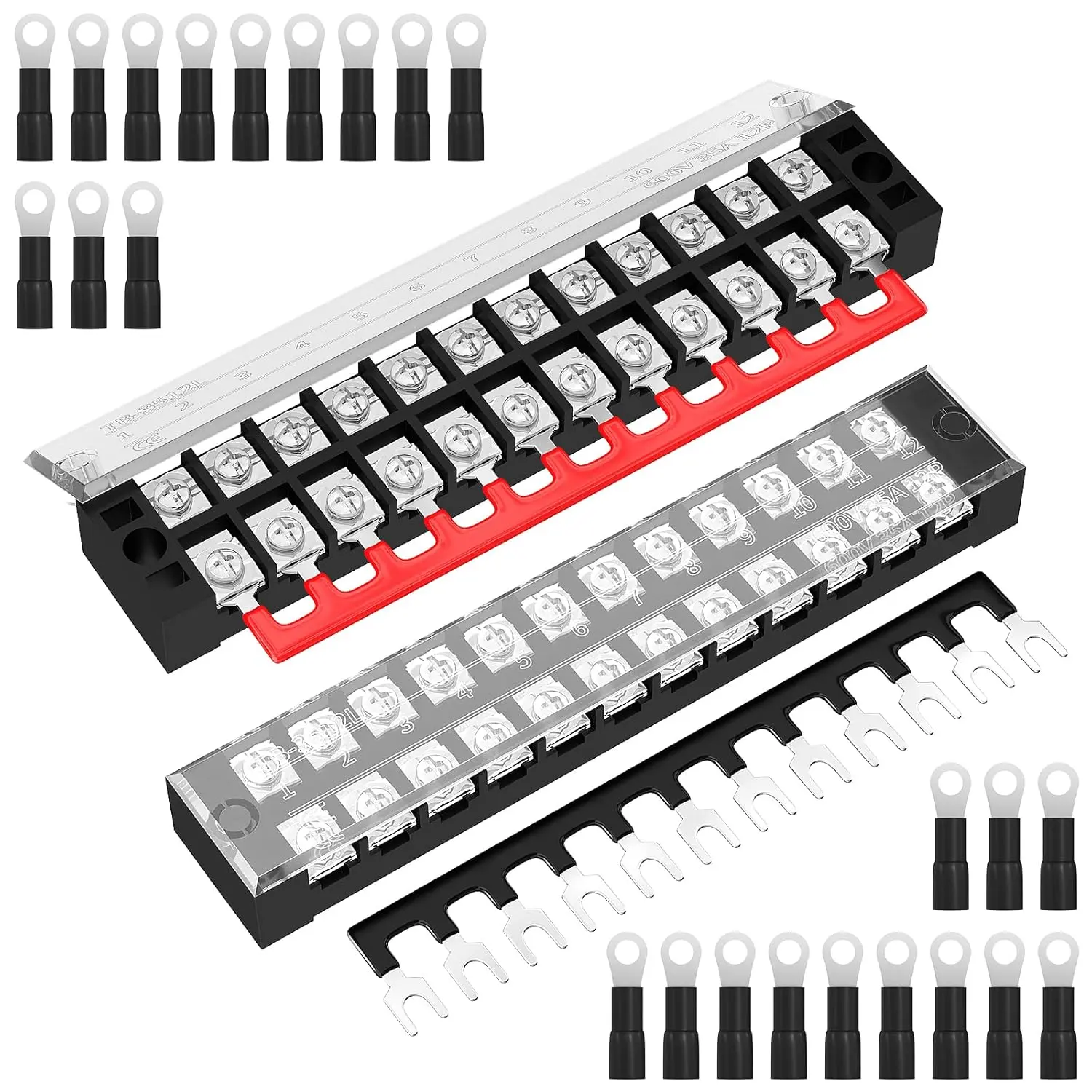 35A Terminal Block 12 Position Screw Terminal Strip Dual Row with Cover and 12 Position Pre-Insulated Terminal Jumper Block - 2Count