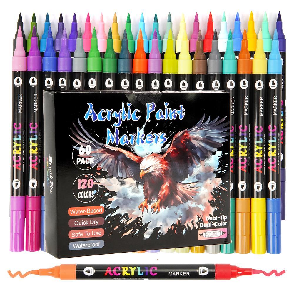 120 Colors Acrylic Paint Marker Pen Set, 60pcs/set Permanent Oil Marker Pen, Multifunction Art Supplies for Rock Painting, Fabric, Stone, Wood, Glass, Paper, Plastic, Christmas Gift, Acrylic Markers