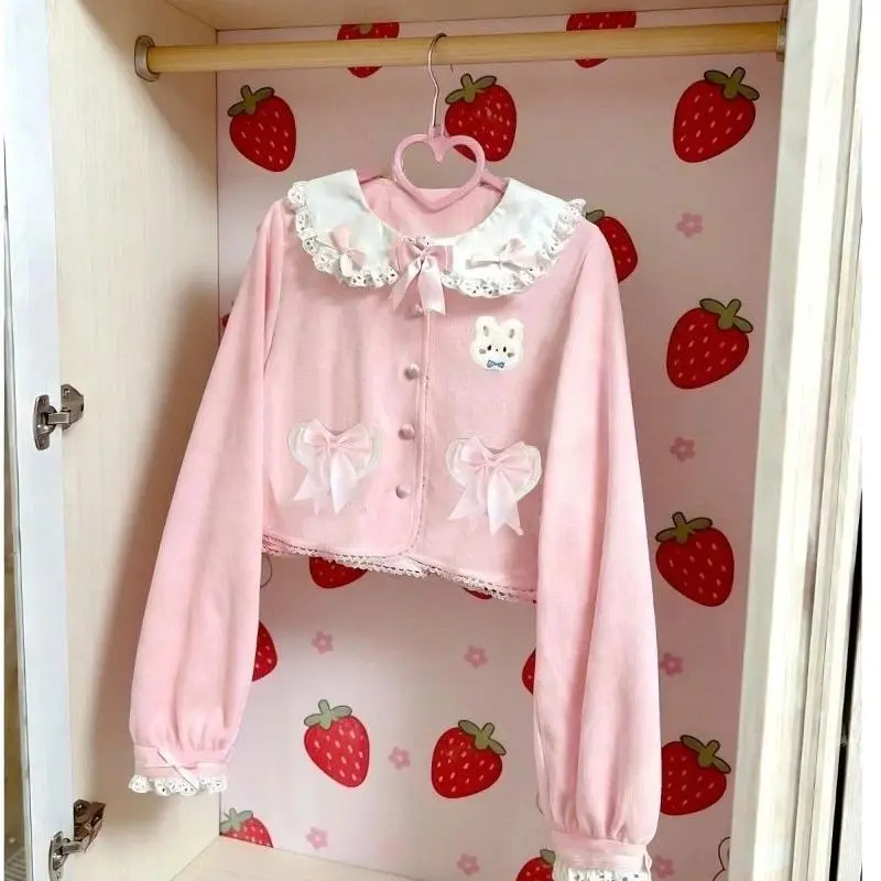 Sweet Lolita Embroidery Short Jackets Women Japanese Cute Peter Pan Collar Lace Spliced Tops Kawaii Y2k Fashion Coats New