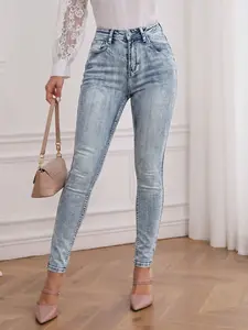 Women's Vintage Snow Wash Light Blue Stretch Skinny Jeans, Slim Fit Narrow Leg Denim Jeans, All Seasons Wearable