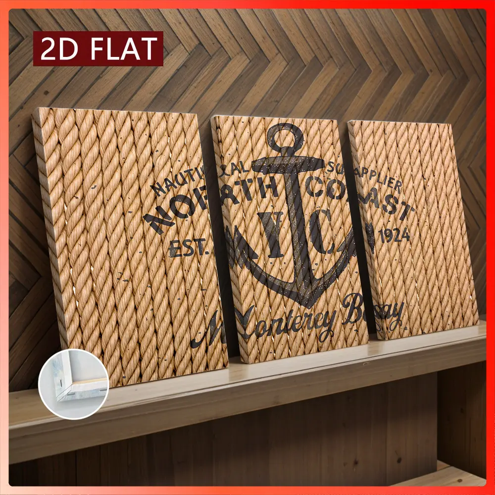 2D Flat Printing, Set of 3 Framed Nautical Wall Decor. Vertical gallery wrapped canvas prints with modern anchor and rope patterns. HD printing, equipped with hooks for easy installation, ready to hang for living rooms, bedrooms and kitchens.
