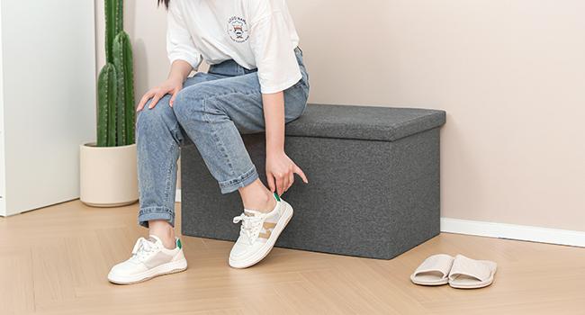 Storage Ottoman with Tray, Linen Coffee Table Folding Long Shoes Bench Footstool, Dark Grey 30"x15.74"x15"