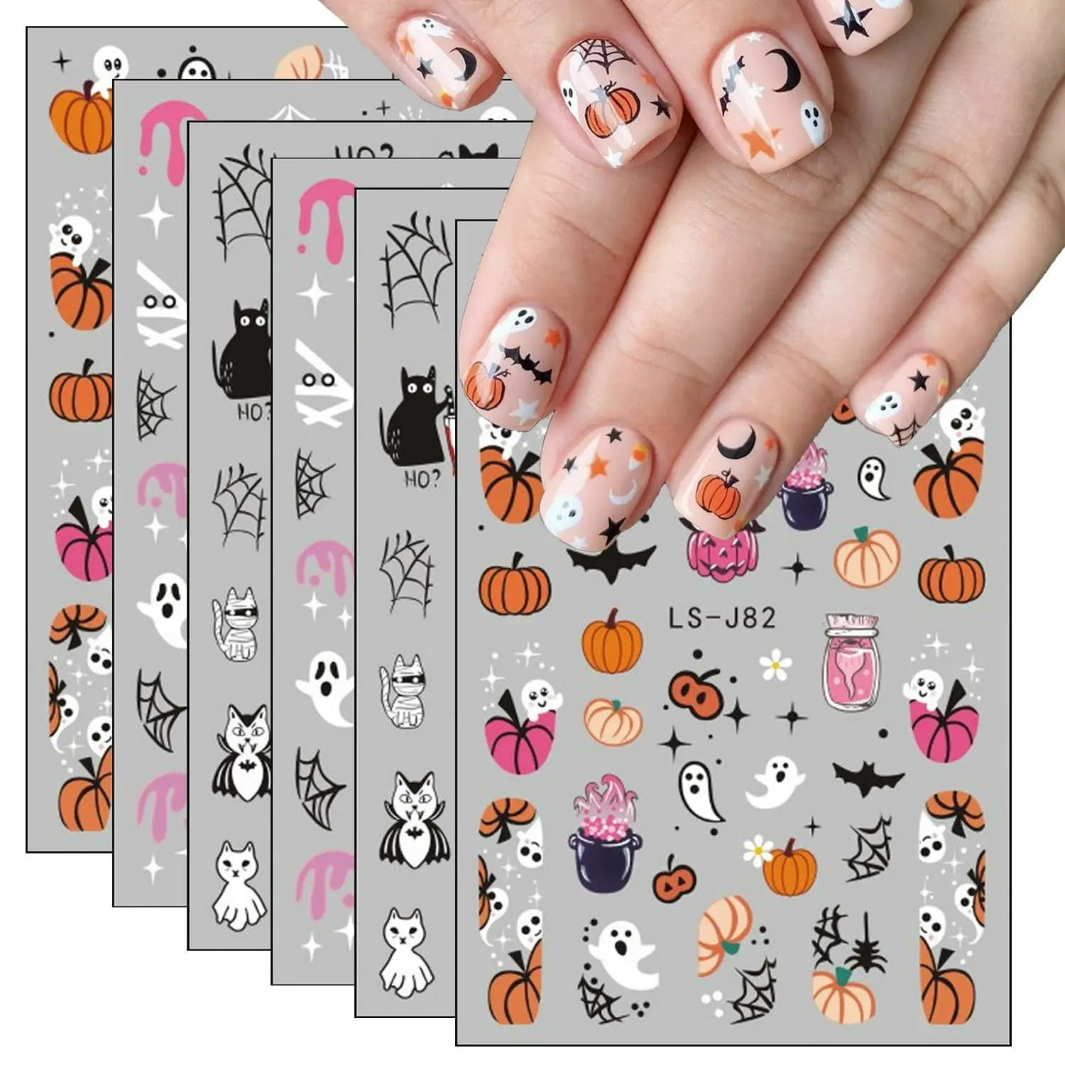 6 Sheets 3D Cute Halloween Nail Art Stickers, Ghost Pumpkin 3D Self-Adhesive Nail Decals, Bat Cat Skull Designs Nail Decorations, Halloween DIY Manicure Supplies for Women 
