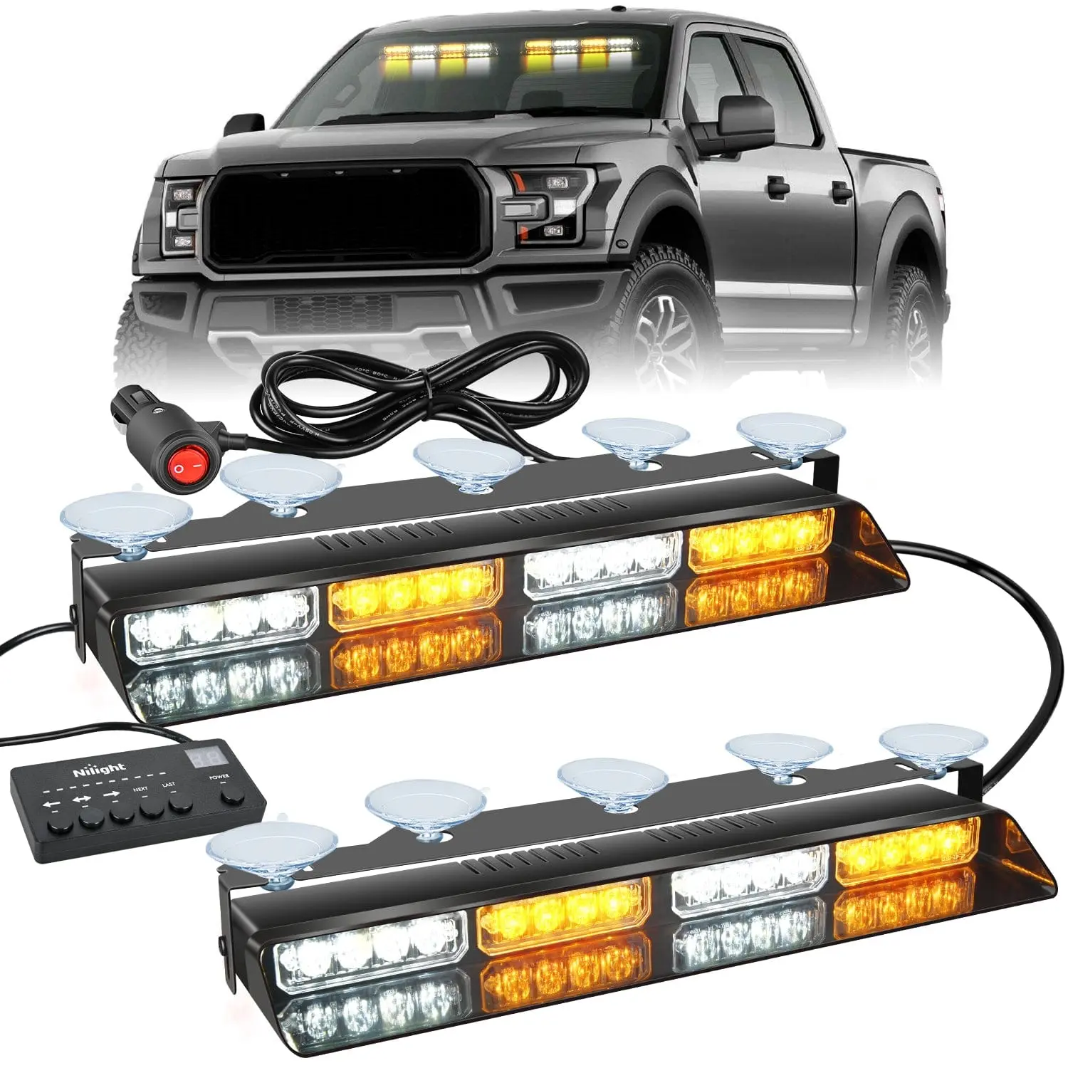 Nilight 32-LED Amber White ABS Dash Strobe Lights, High Efficiency Long Lasting Leakproof Brightening Luminous Lights with Controller & Suction Cups