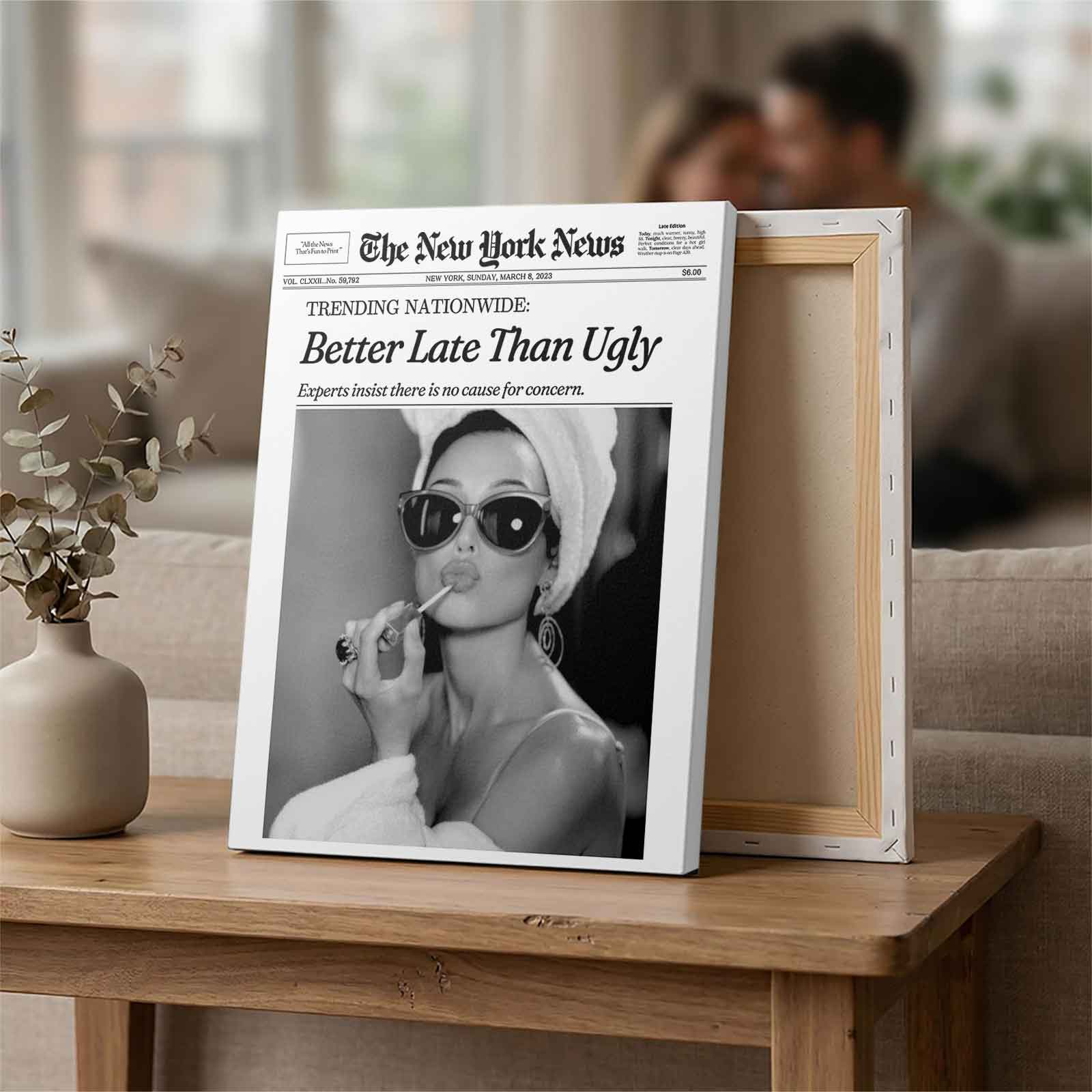 Better Late Than Ugly Retro New York News Canvas Wall Art, Vintage Newspaper Style Print, Funny Bathroom/Beauty Room Decor, Aesthetic Vanity Poster, Unique Gift for Makeup Lovers