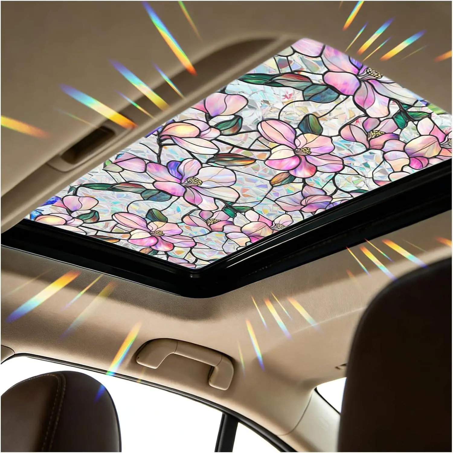 39.37×16.92 in  Sunroof Stained Glass Window Film,Stylish Sunroof Sticker Static Cling  Film Sun Protection,Stained Glass Sunroofs Films  Interior Accessories ( Flower)