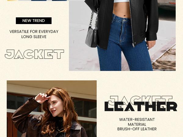 Casly Lamiit Women's Faux Leather Jackets Long Sleeve Zipper Oversized Motorcycle Biker Coat Trendy Travel Casual Outfits Stand Collar Multiple Colors Outerwear Wind & Water-Resistant Premium Faux Leather leather jacket women