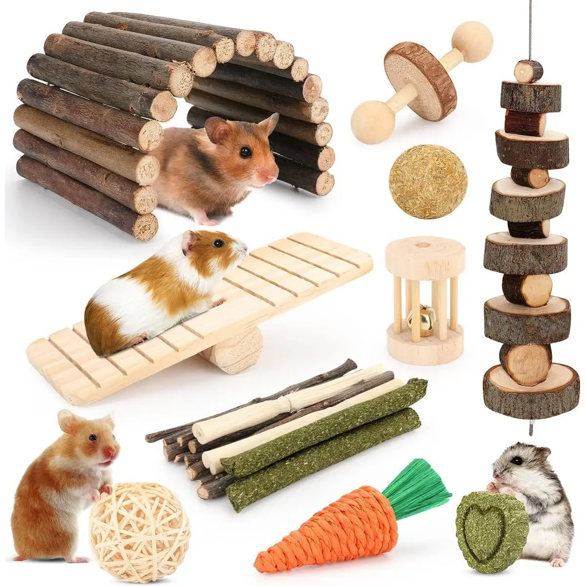 12‑Pack Small Animal Molar Chew Toys Set, Hamster Wheel, Hideout & Seesaw Cage Accessories for Guinea Pigs, Chinchillas, Gerbils, Mice, Rats and Rabbits