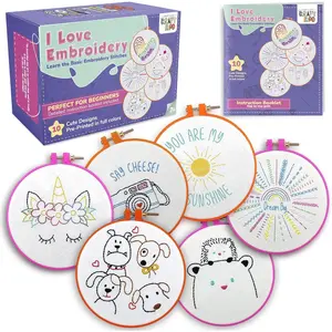 Embroidery Kit for Kids Girls Ages 7-13, 10 Pre-Stamped Patterns for Beginners, Needlepoint Cross Stitch Craft Sewing Set