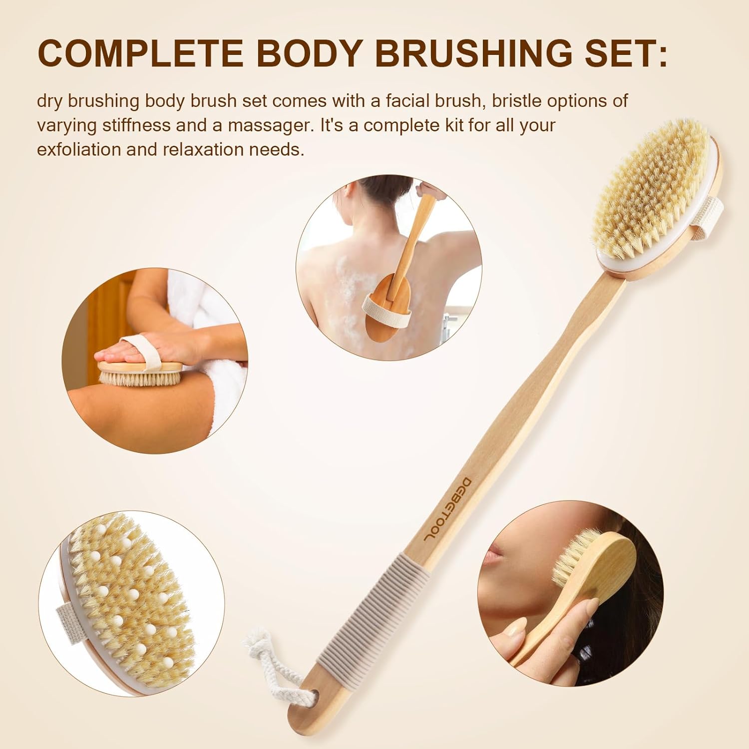 Dry Brushing Set - Natural Boar Bristle Body & Face Brush, Wooden Long Handle Scrub Brush for Cellulite & Lymphatic Drainage, Detachable, 3 Brush Heads Gift Silicone