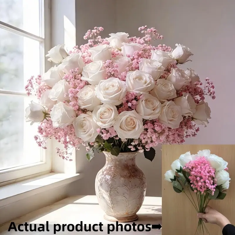 40PCS Mixed Artificial Flowers Bouquet(10 White Roses 30 Pink Baby Breath),UVResistant Plastic Fake Flower,No Need Maintenance,No Battery Required,Without Vase.Perfect for Home,Office,Wedding,Mother's Day,Valentine's Day,Christmas, Decorative Flowers