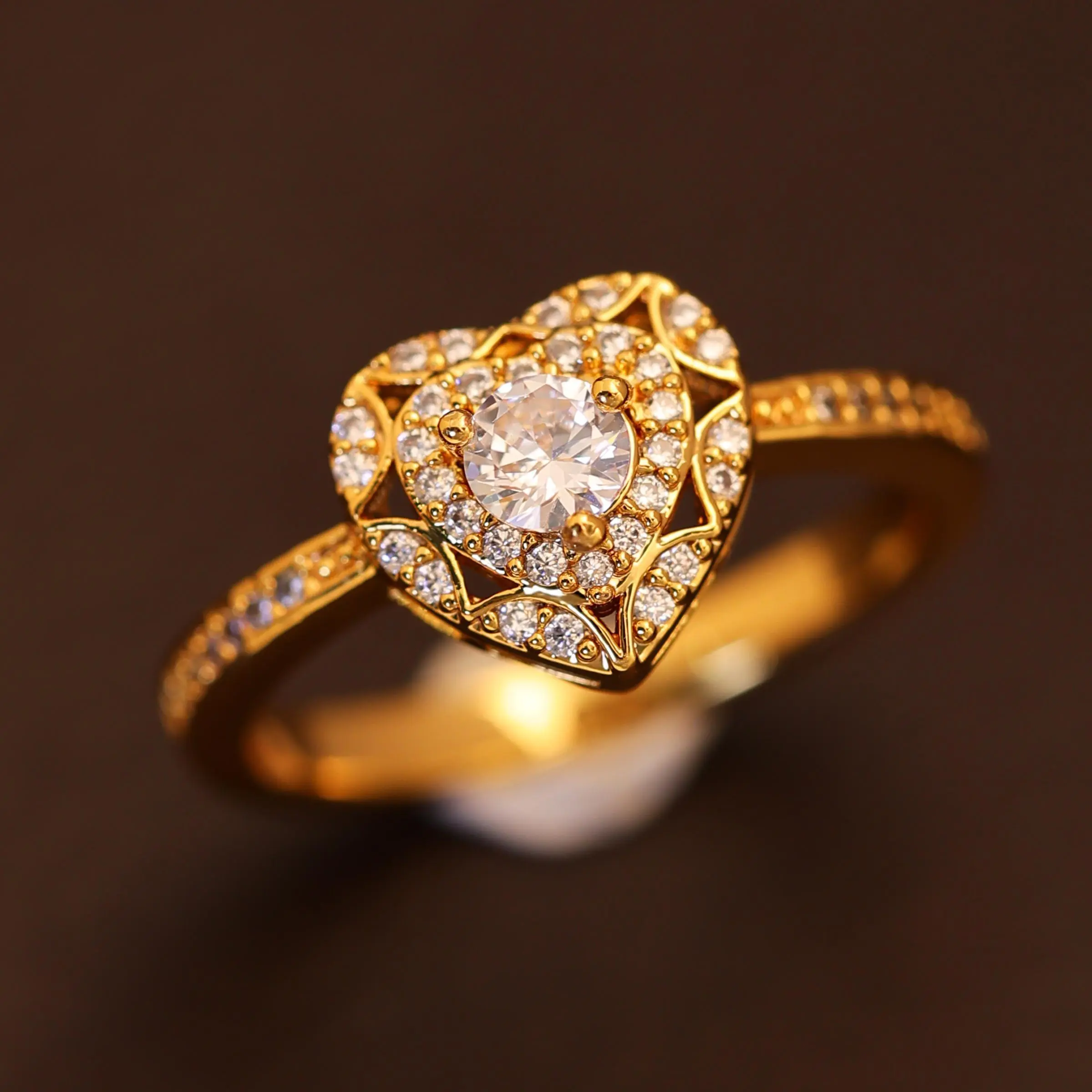 Heart Shaped Halo Promise Ring Golden Tone Intricate Pave Band Timeless Jewelry Gift For Her Weddings Anniversaries Romantic Occasions