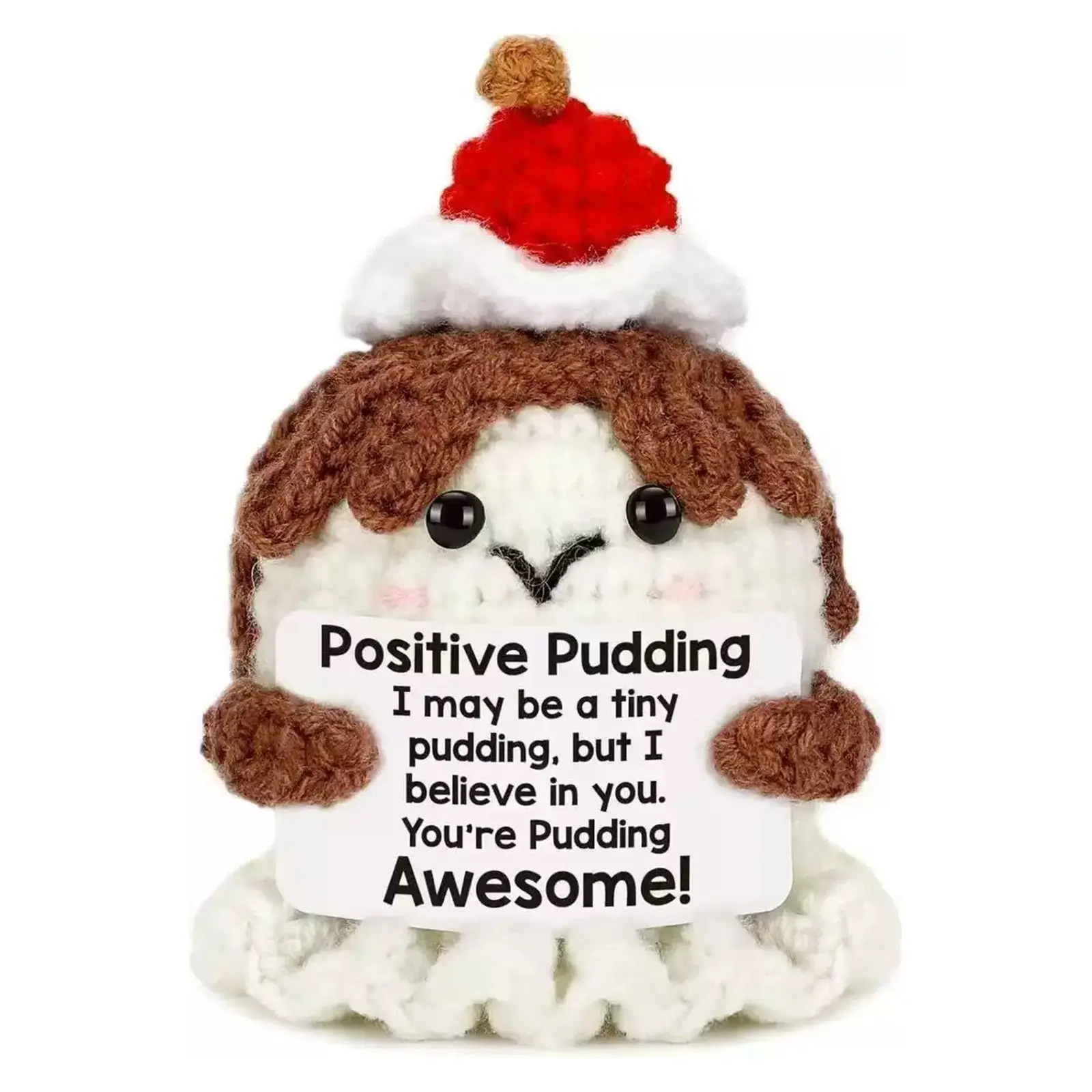 Hand Crocheted Pudding Plush Toy - Positive Dessert Buddy with Encouraging Message, Sweet Motivational Gift for Kids & Adults, Cute Food-Themed Decor