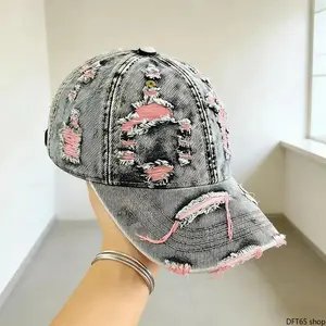 Retro Washed Distressed Ripped Denim Baseball Cap Breathable Woven Fabric Curved Sun Block Brim Adjustable Back Strap For Men Daily Commute Hiking Travel Streetwear Portable Vintage Outdoor Sun Protective Headwear