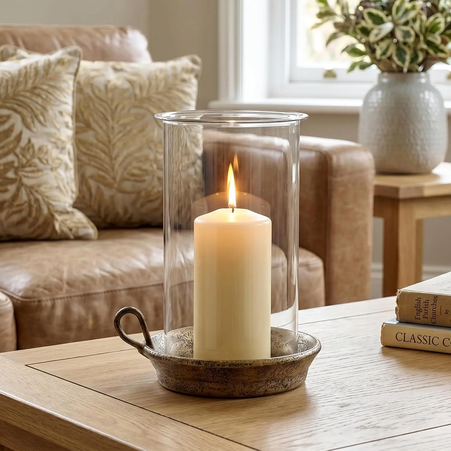 Rustic Pillar Candle Holder with Glass Hurricane Shade, Vintage Brass Cast Iron Candle Holder for 3 Inch Pillar Candles, Decorative Centerpiece for Dining Table, Mantel, Wedding, Patio Decor
