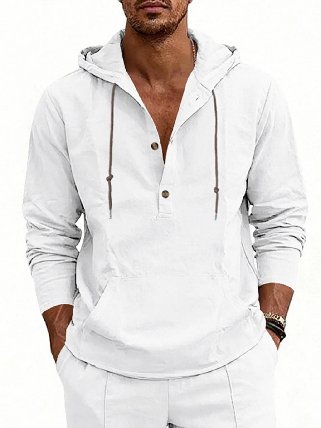 Men's Loose Linen Casual Shirt, Long Sleeve Half-Open Front Hooded Drawstring Henry Shirt, Spring & Fall Fashion Top