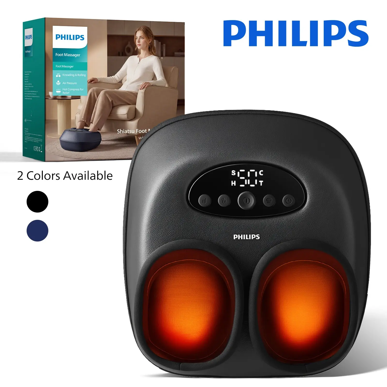 Philips Electric Full Foot Massage Therapy Device, Air Pressure & Six Zone Kneading, Adjustable Modes, Portable, Washable Cover, Easy Use for Family Home Office