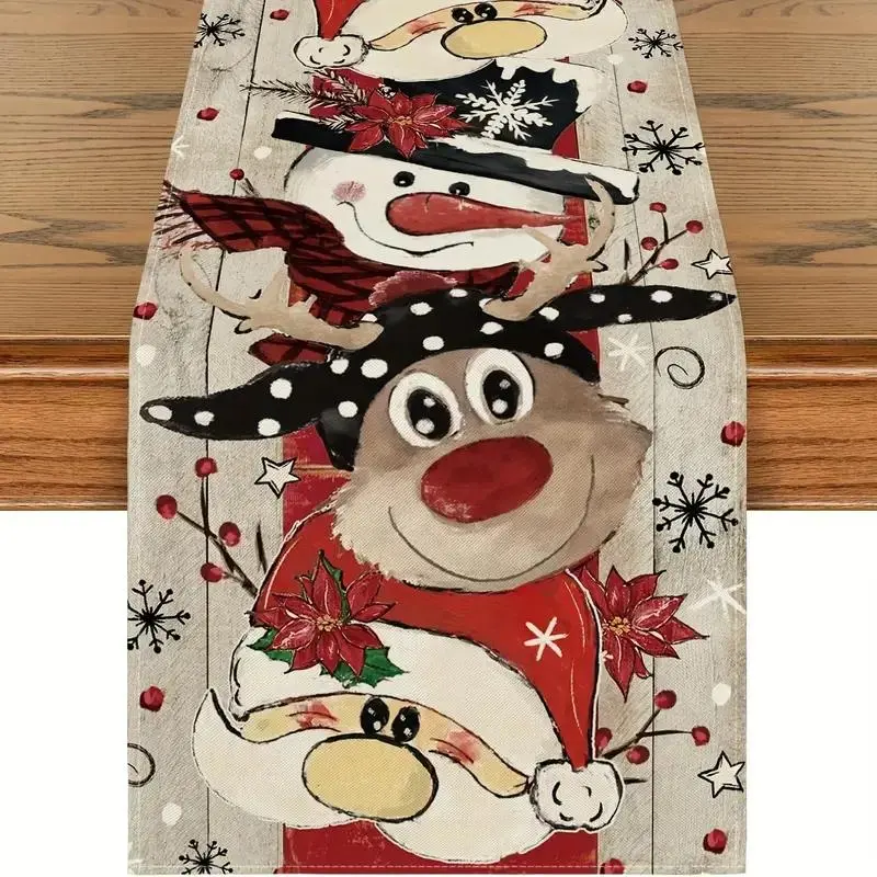 Christmas Themed Table Runner, 1 Count Santa Claus & Snowman & Reindeer Pattern Tablecloth, Table Decoration Supplies for Home Kitchen Dining Room