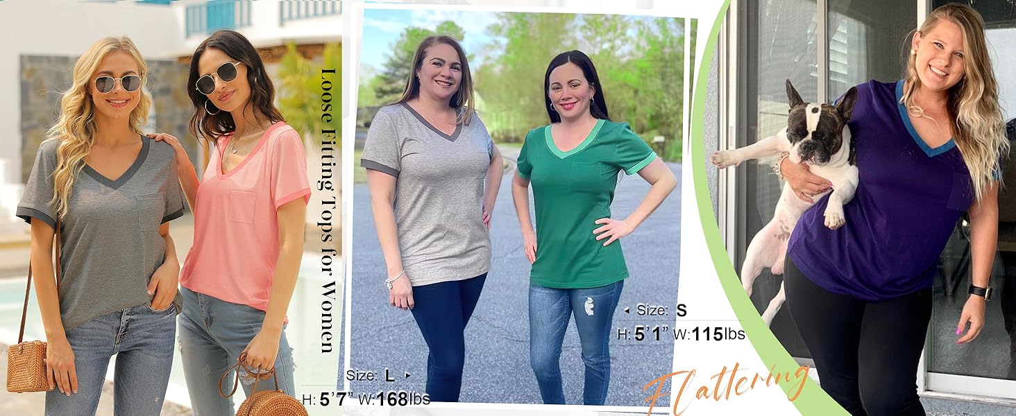 OFEEFAN Womens T Shirts Short Sleeve V Neck Loose Casual Summer Tops with Pocket Womenswear Vneck