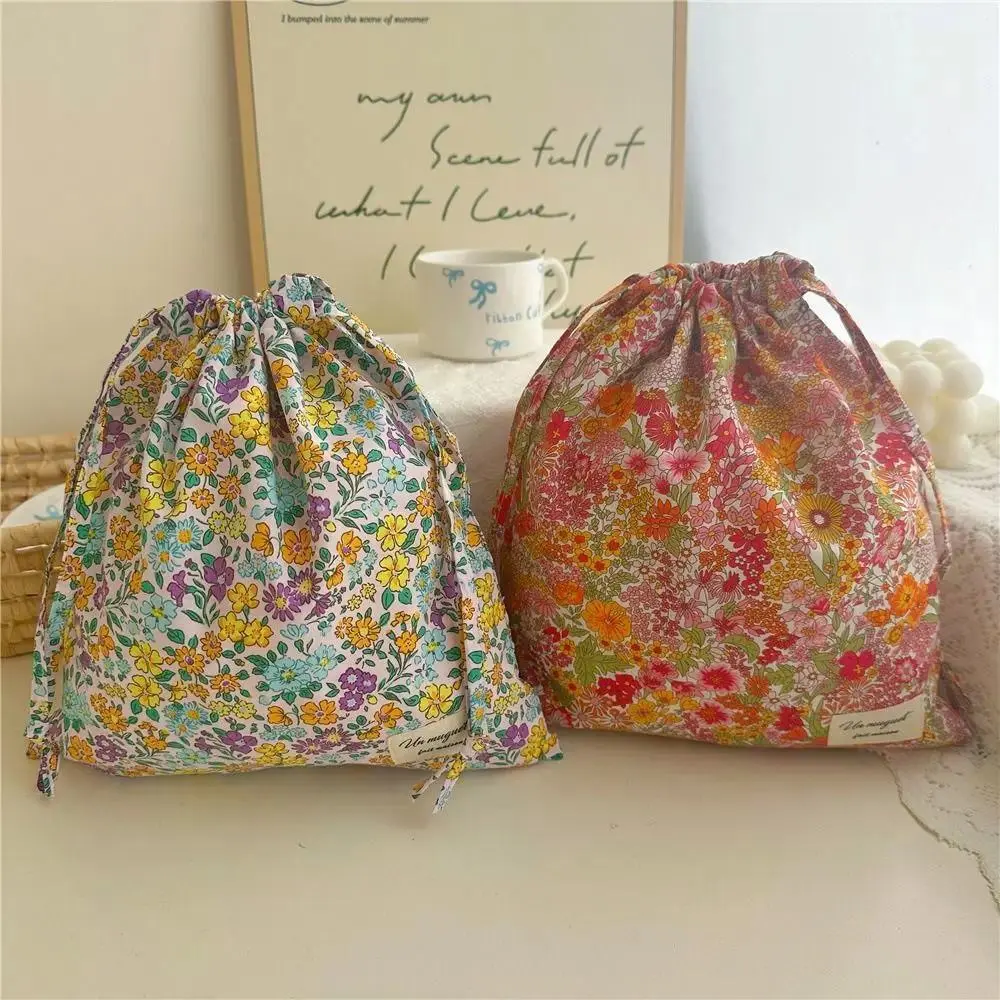 Cotton Drawstring Storage Bag Ins Style Dustproof Makeup Bag Portable Floral Print Travel Underwear Clothing Bag Travel Use