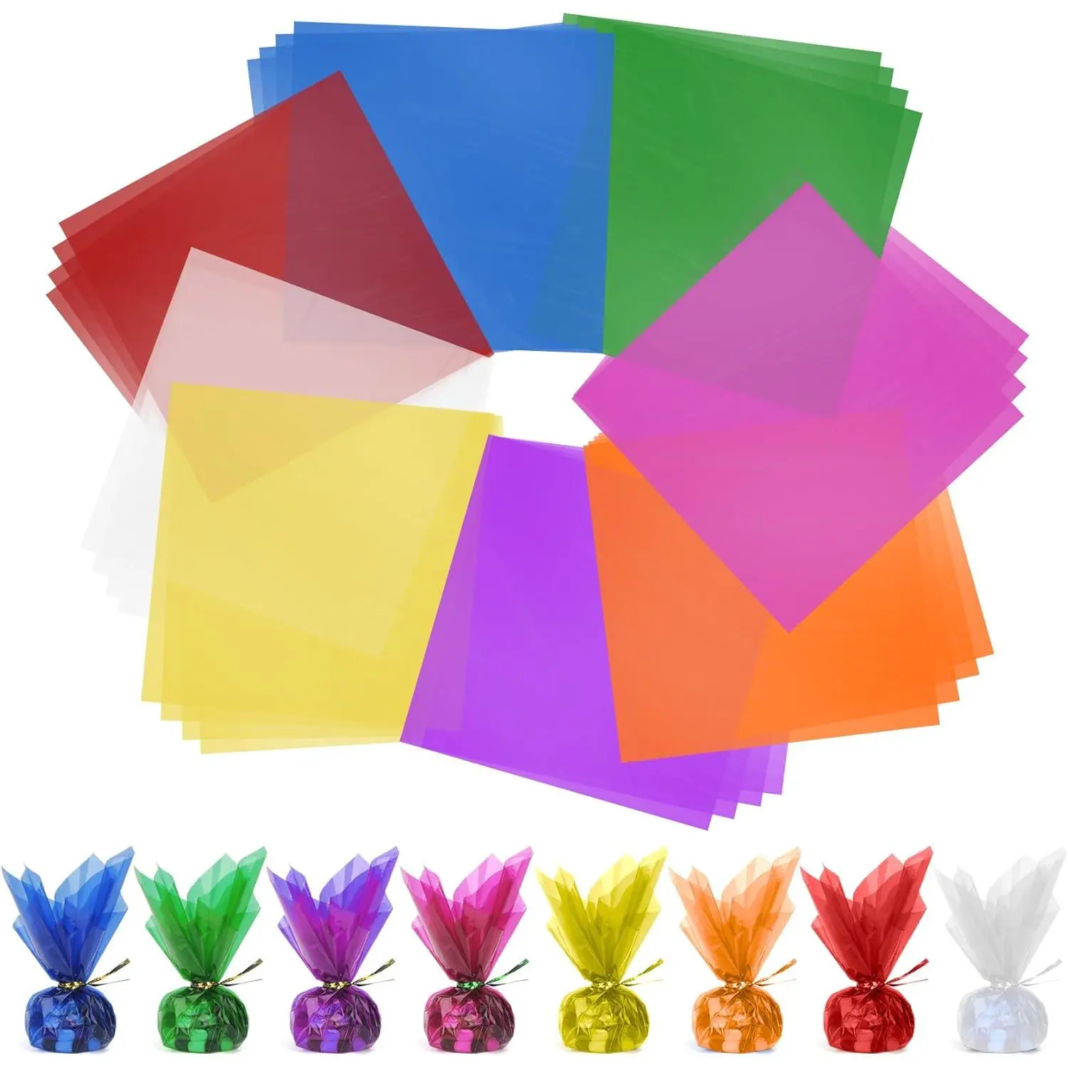120pcs 7.5x7.5 Inch 8 Multi-Colors Transparent Colored Cellophane Wrap Sheets for Christmas Valentine DIY Arts Crafts Decorations