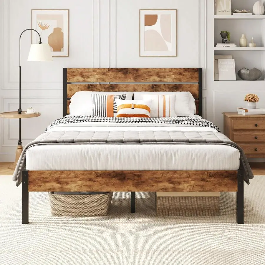 Retro‑Brown All‑Metal Platform Bed Frame with Headboard & Footboard, Twin / Full / Queen Sizes, 12.2‑Inch Under‑Bed Storage Clearance, Noise‑Free, No Box Spring Needed, Easy Assembly