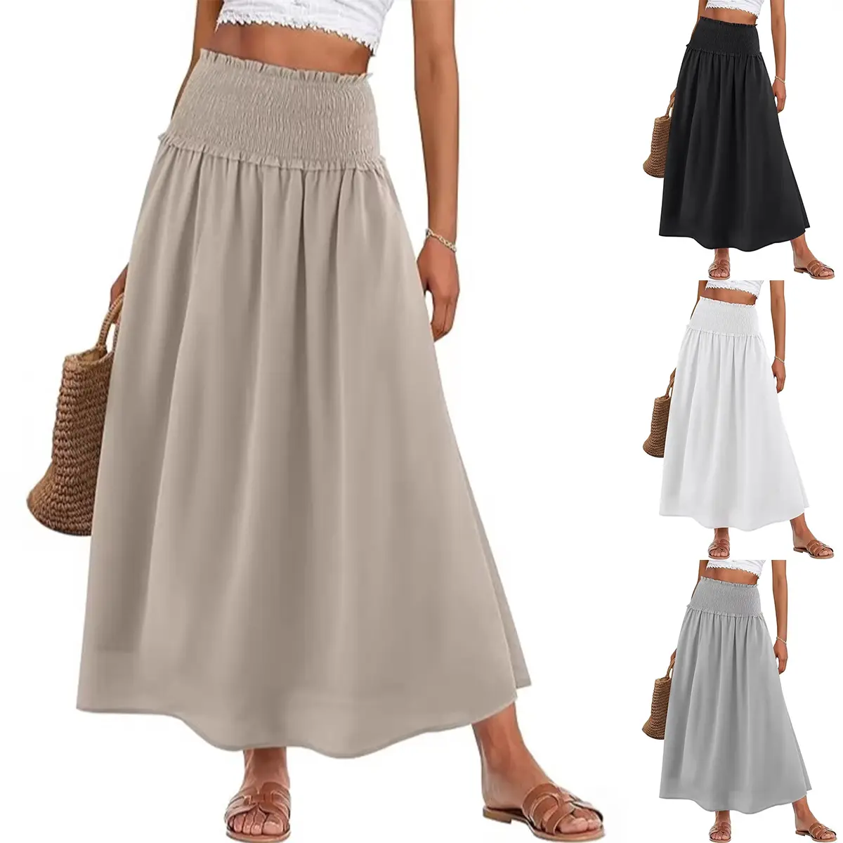Women's Casual Solid A-Line Maxi Skirt, Full Length with an Elastic Waistband for Effortless Pull-On Ease, Maxi Length, Polyester, Skirts For Women, Long Skirts