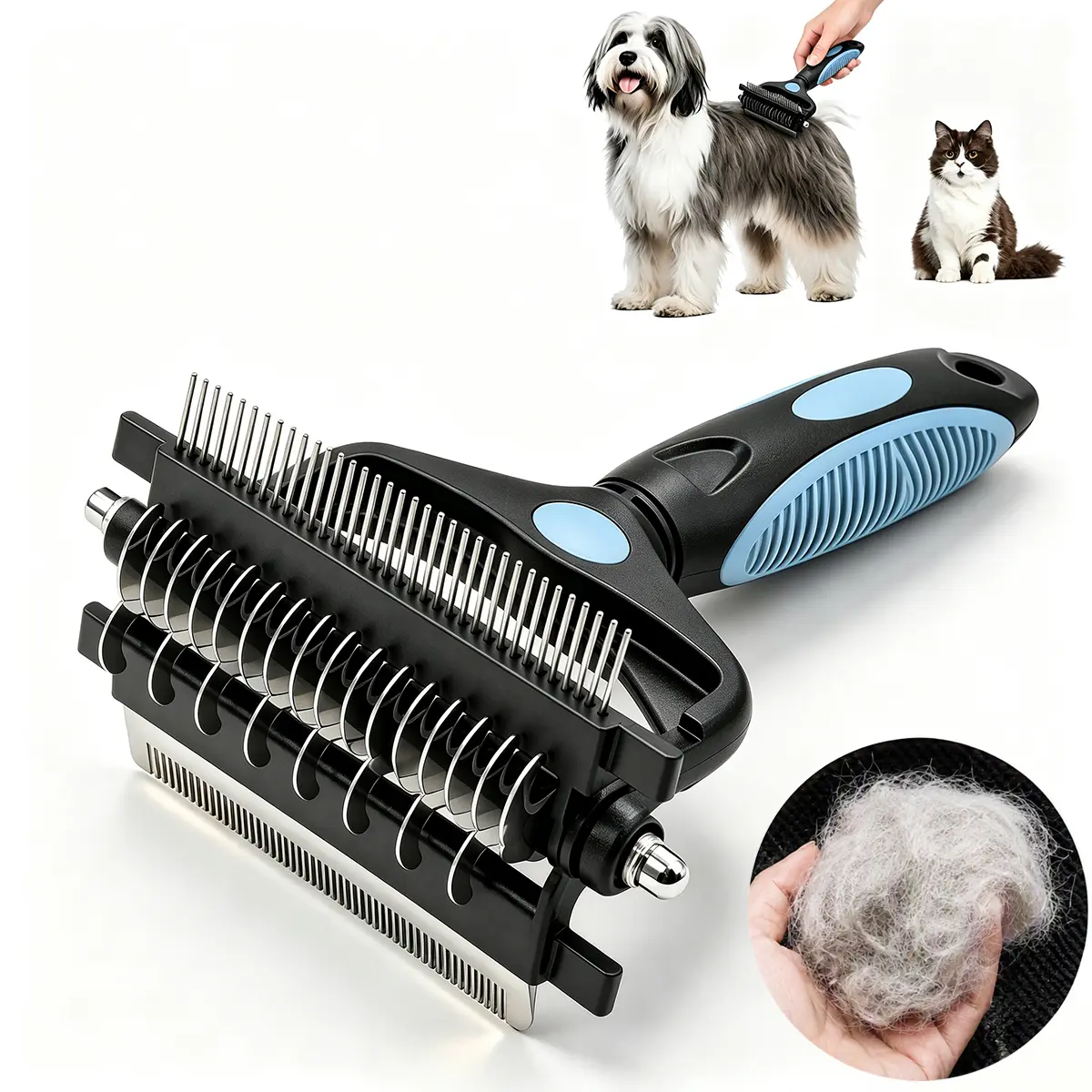 3-in-1 Deshedding Grooming Rake for Dogs & Cats, Pet Hair Remover Brush for Loose Hair, Undercoat, Mats and Tangles