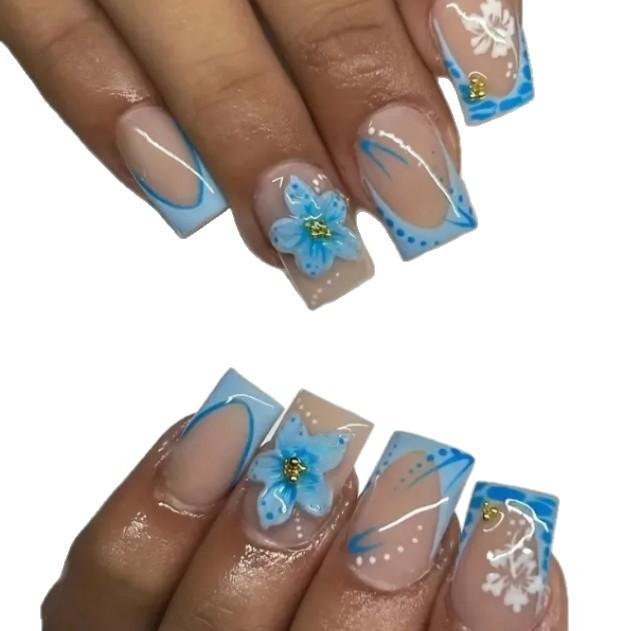 Foreign Trade Hot-Selling 24-Piece Nail Art High-End Fashion Simple Rhinestone Collection Butterfly Flower Cow Wearable Nails Wholesale