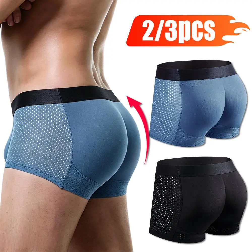 Men's Padded Mesh Boxer Briefs, Butt Enhancing Tummy Control Shapewear, Lightweight Polyester Gymwear with Compression Fit, Training Underwear, Sports Underwear, Workout Innerwear, Tight Fit Sporty