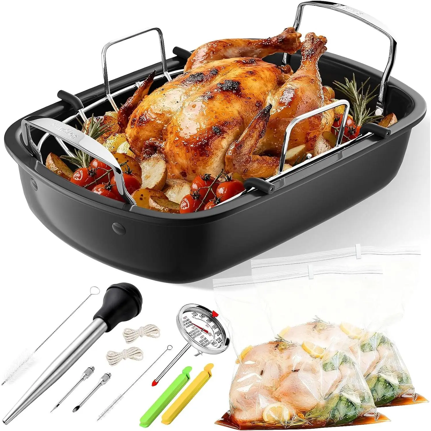17x13 Inch Nonstick Roasting Pan with Removable Rack & Cooking Kit, Turkey Roaster for Roasting Turkey Meat & Vegetables, Silver