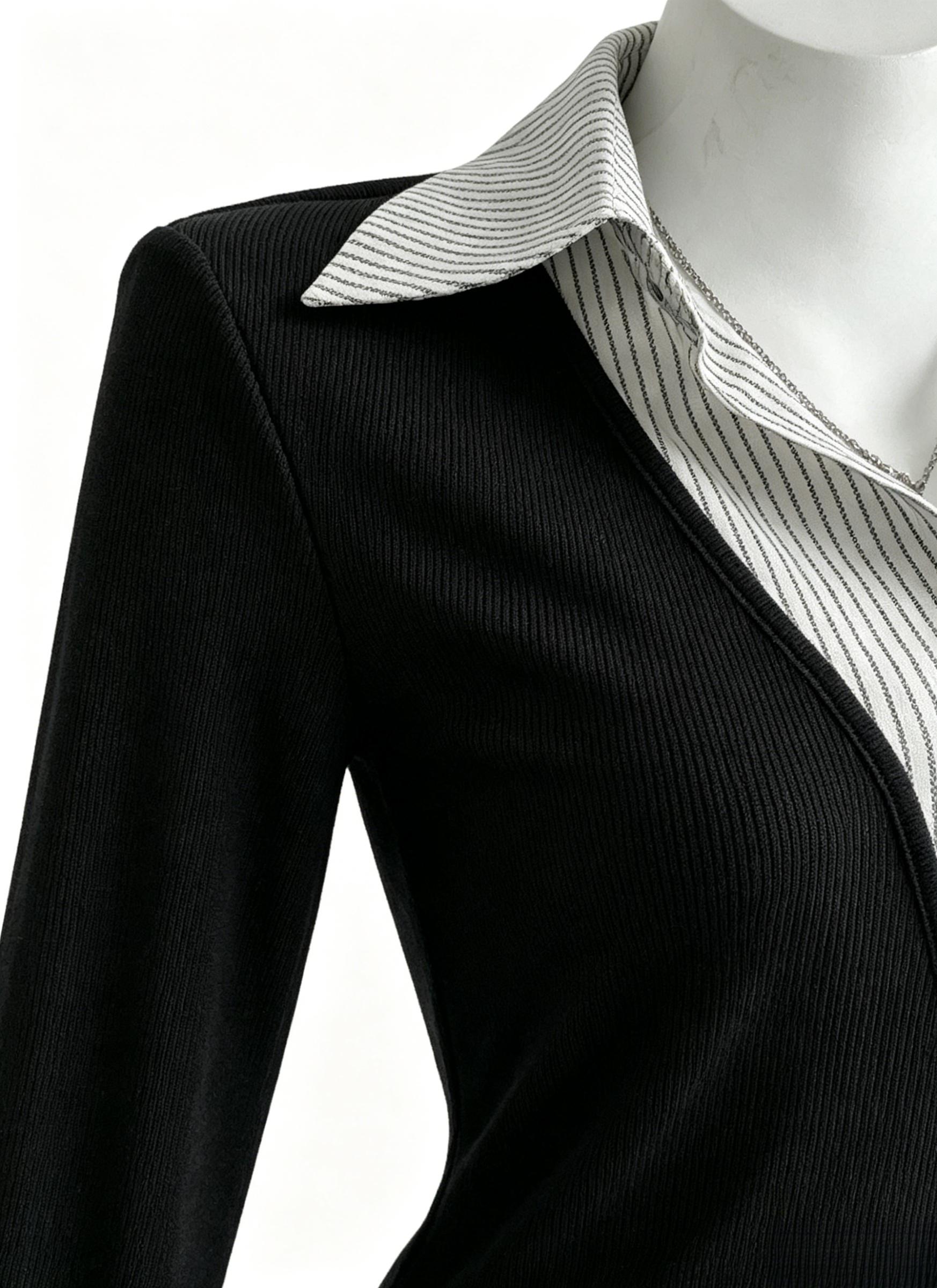 Black Striped Patchwork Fake Two-Piece Blouse, Women's V-Neck Button-Up Long Sleeve Top, Ribbed Fabric Flare Sleeve & Striped Collar, Versatile for Daily Outings, Travel & Casual Looks