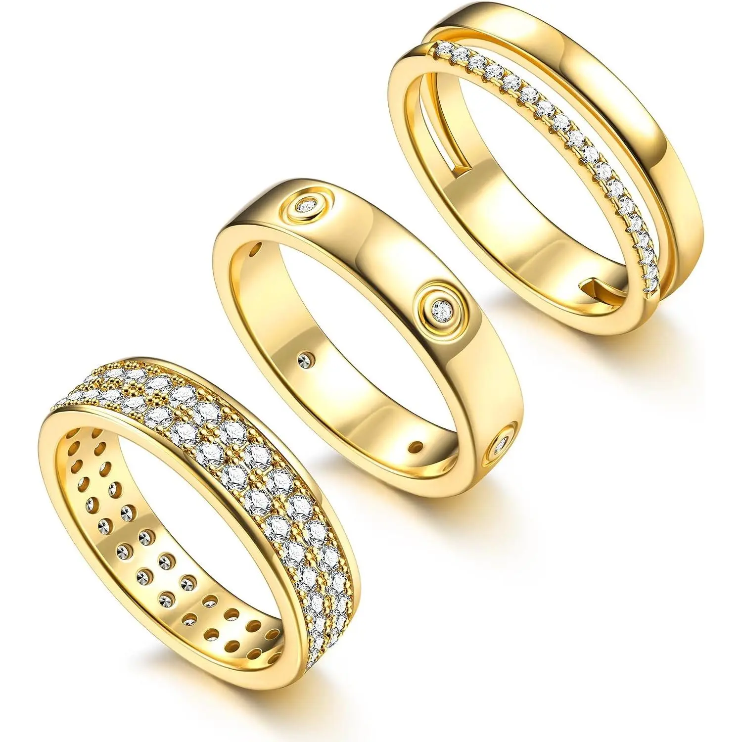 Elegant Dainty Stackable Ring Set for Women, Gold-Tone & Silver-Tone Non Tarnish Cubic Zirconia Thumb Bands, Promise Wedding Stacking Jewelry
