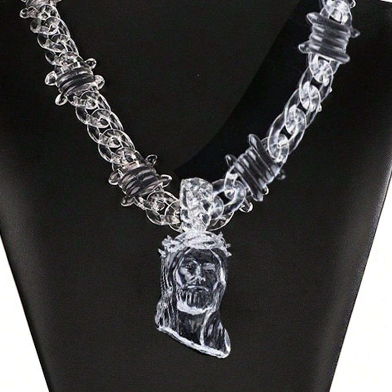 FaithFilledFinds Jesus Pendant Clear Barbed Wire Chain Necklace for Men, Women, Boys, Girls, Trendy Daily Wear Necklace for Streetwear, Birthday Gifts, Christmas Gifts, and Party Accessories，men necklace，women necklace，streetwear jewelry，y2k necklace