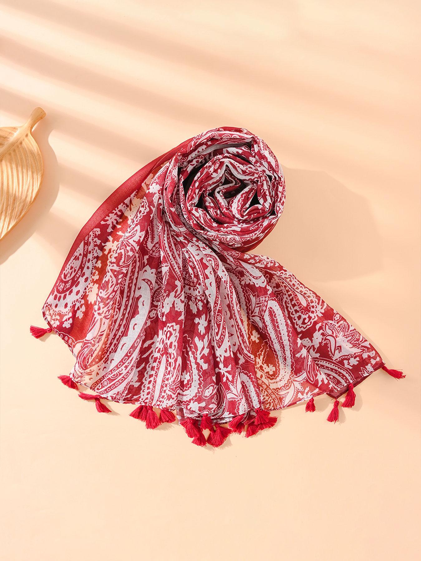 Women's Random Print Fringe Trim Long Scarf, Boho Casual Style Shawl for Beach Vacation, Fashion Accessories for Women & Girls