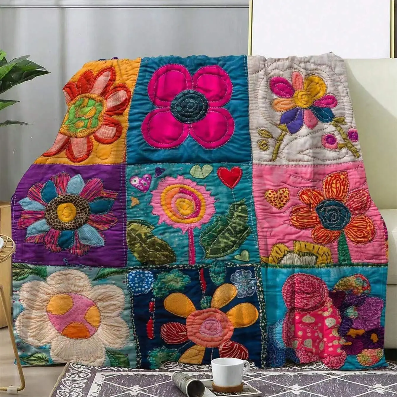 Vintage Floral Patchwork Blanket, Soft Knitted Polyester All-Season Warm Blanket, Multi-Color Embroidered Heavyweight 300-350g/m²